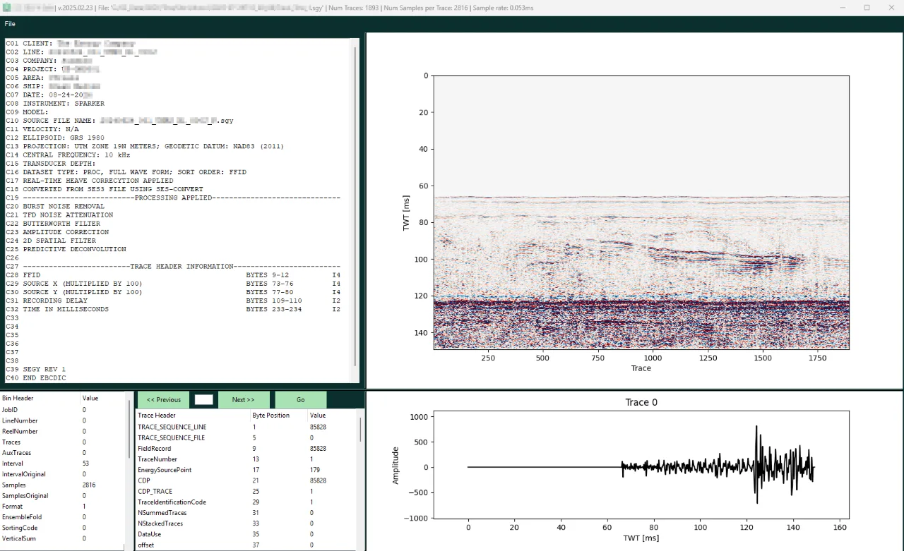 Sub Bottom Profiler (SBP) Editor, part of a batch SBP editing application, for editing text header and trace headers as well as visualizing and navigating trace graph and values