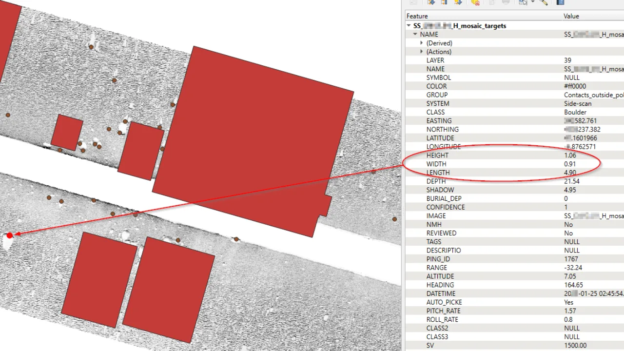 An automated side scanning sonar processing pipeline comprising signal normalization, bottom tracking, georeferencing, and mosaicking
											, followed by AI-based detection, positioning, and sizing of boulders and polygon delineation of high-density boulder areas in a difficult sand dune terrain.