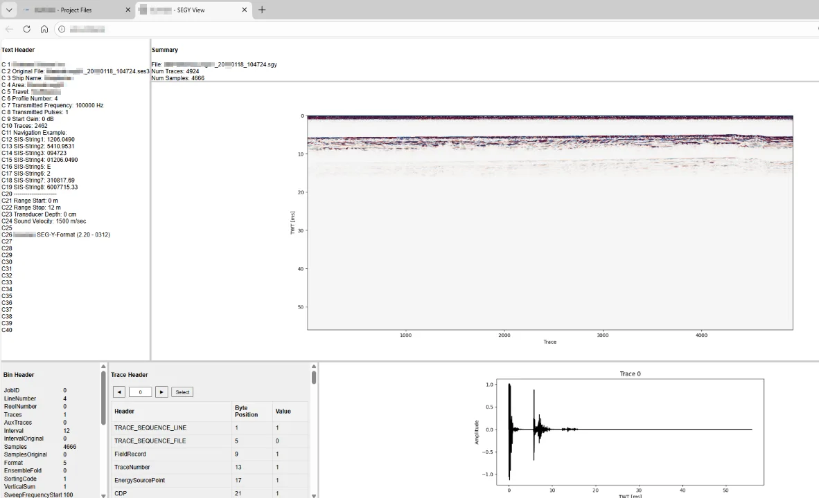 Data Portal - Sub-Bottom Profiler (SBP) data viewer supporting SEG-Y files, including trace visualization, seismic sections, waveform inspection, and detailed text, binary
										, and trace header analysis.