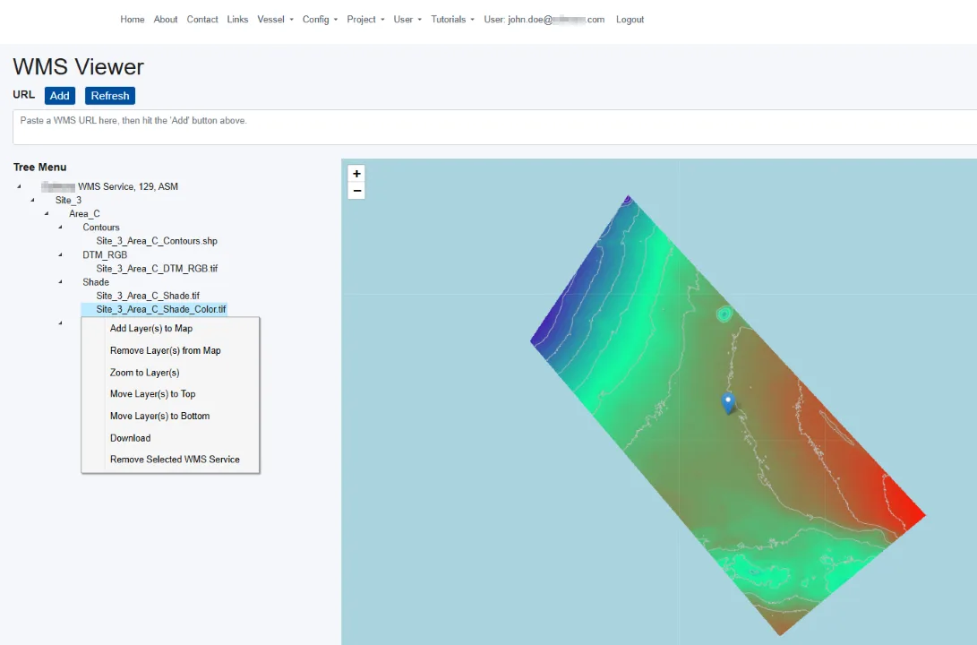 Data Portal - WMS Viewer - with file tree and contextual menus for layer management and file download.