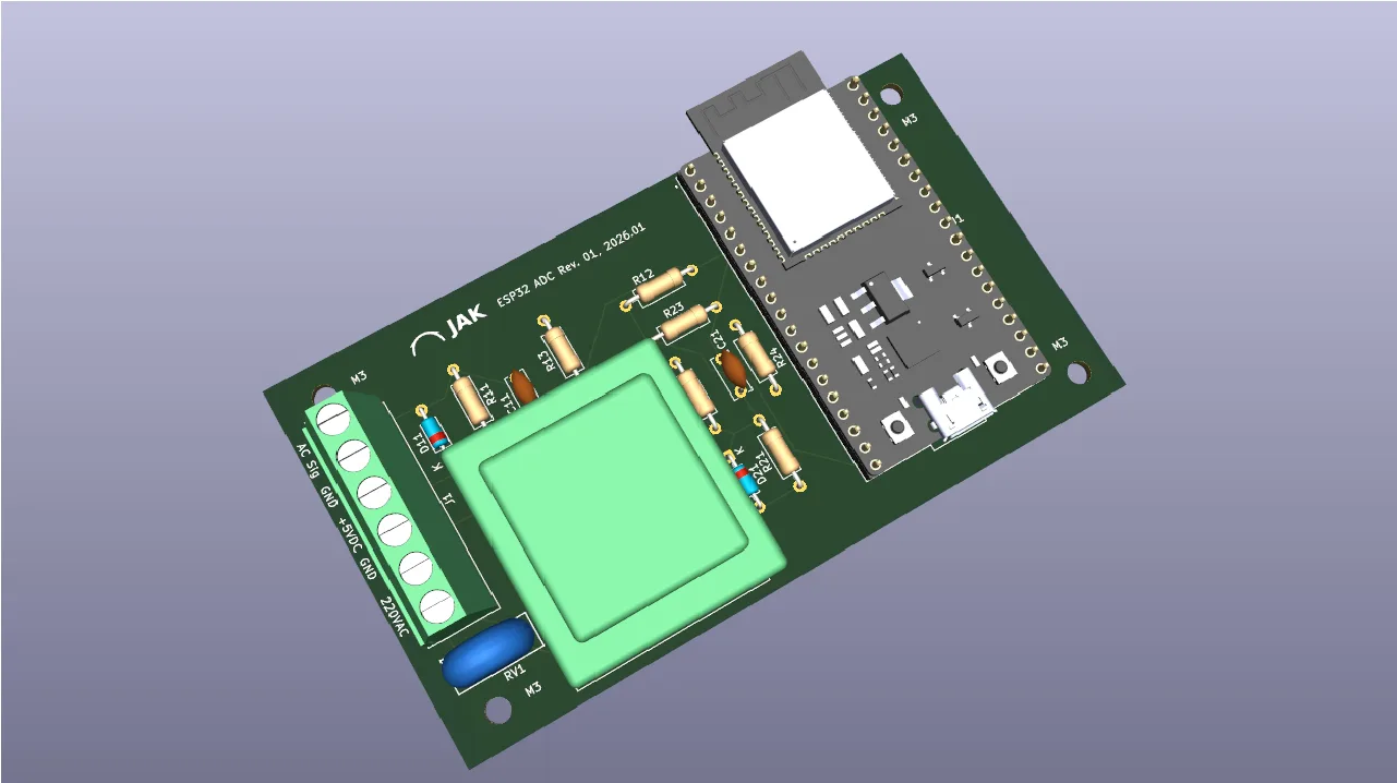3D render of a printed circuit board designed with KiCad, illustrating PCB layout and routing